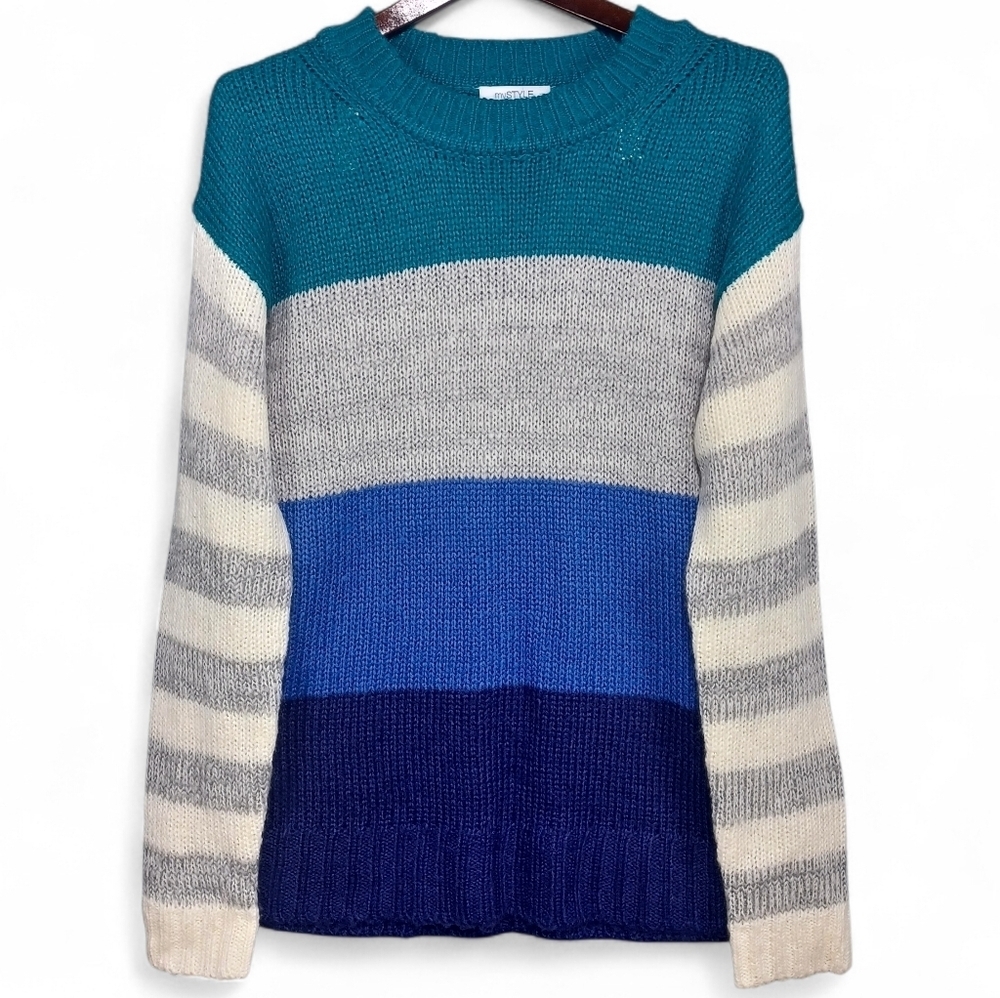NWOT Colorblock Cozy Knit‎ Sweater Women’s Large Teal Blue Gray Striped Layering